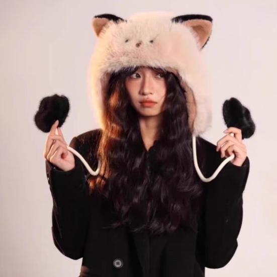 Women Hat Knitted Windproof Warm Winter Lei Feng Hat Cartoon Cat Shape Elastic Solid Color Thermal Cap