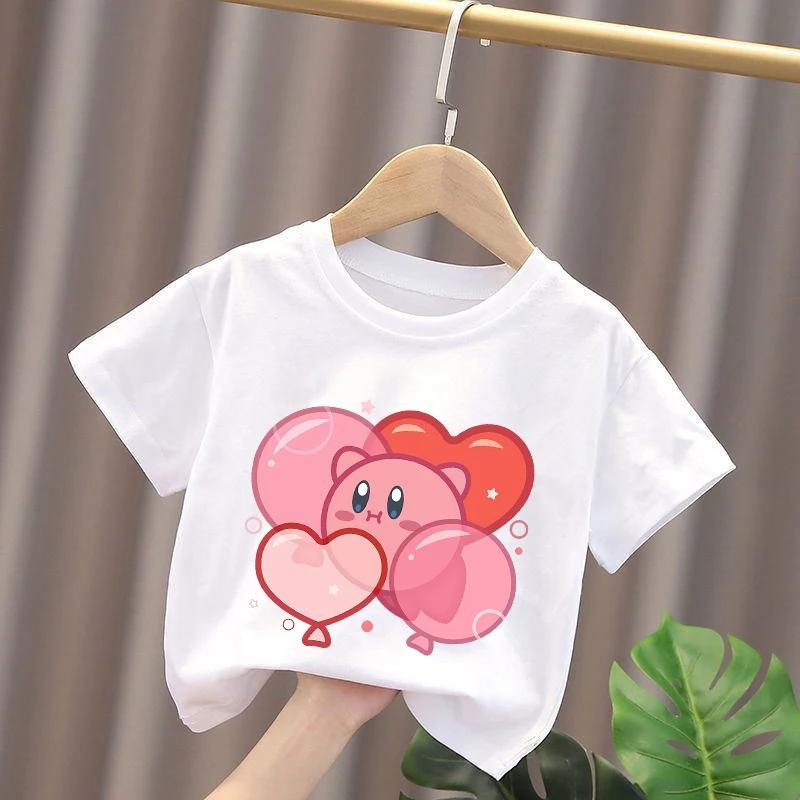 Kirbys Hemd Sommer Rundhals Rundes T-Shirt Baby Baumwolle Kurzarm Oberteile Mädchen Einfarbige Kinder Gedrucktes Anime Weißes T-Shirt Niedliche T-Shirts