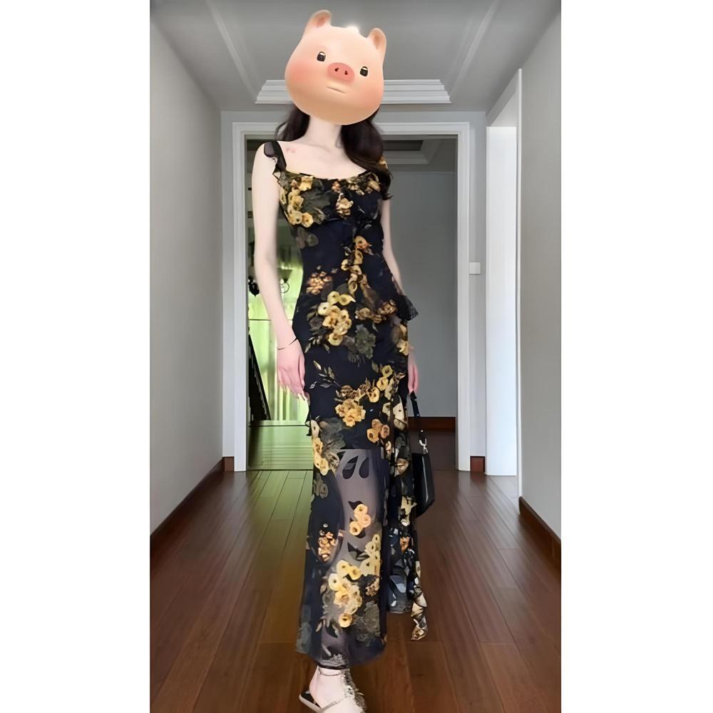 Niche temperament beautiful floral suspender dress women's summer seaside vacation long skirt