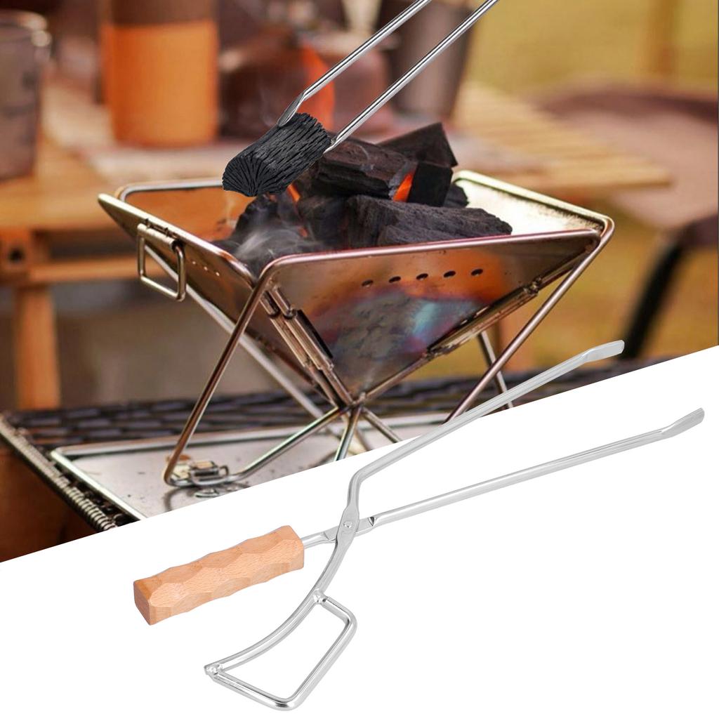 Log Tongs Beech Wood Handle Stainless Steel Clamp High Temperature Resistance Fire Tong for Outdoor