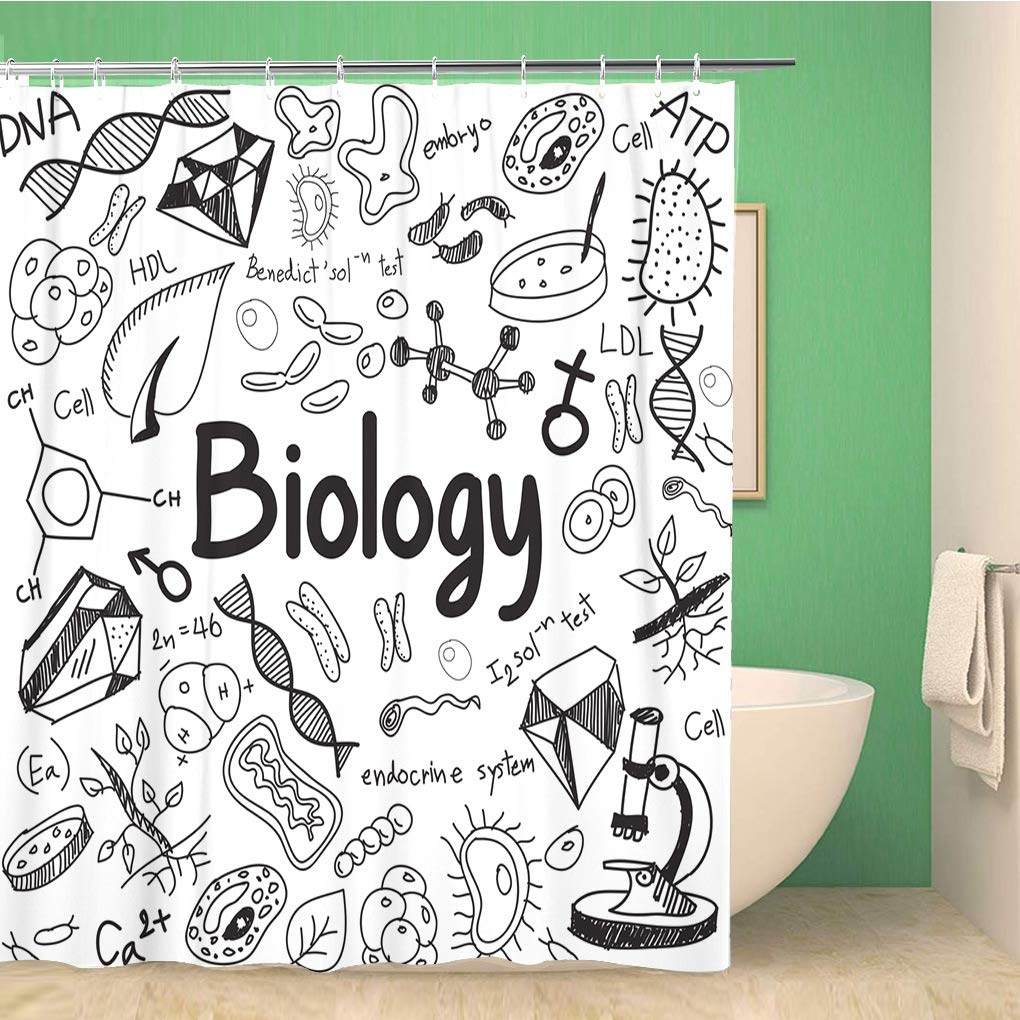 Science Shower Curtain, Black Chalkboard Biology Hand Written, Cloth Fabric Washable Bathroom Decor Set With Hooks, Black Brown