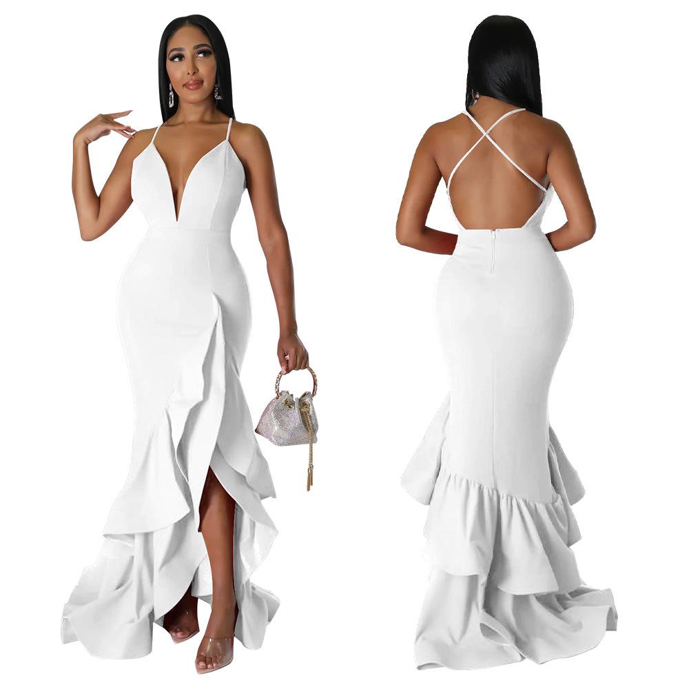 K10234 Women's Backless Maxi Dress V-Neck Ruffle Spaghetti Strap Party Gown