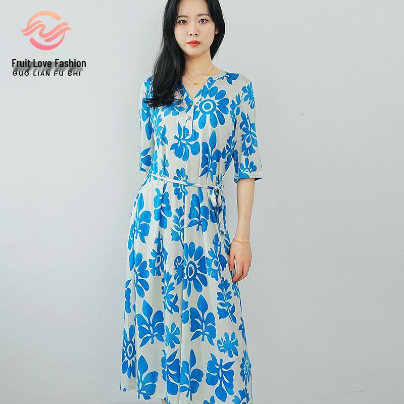 

Guolian Floral V-Neck Slimming Long Dress - Mulberry Silk XL