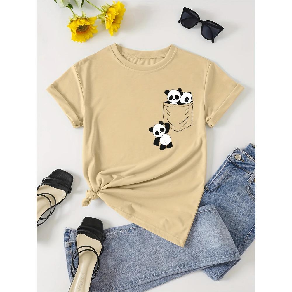 Panda Print Crew Neck T-Shirt, Casual Short Sleeve T-Shirt For Spring & Summer, Casual Basics O-collar Women's Clothing