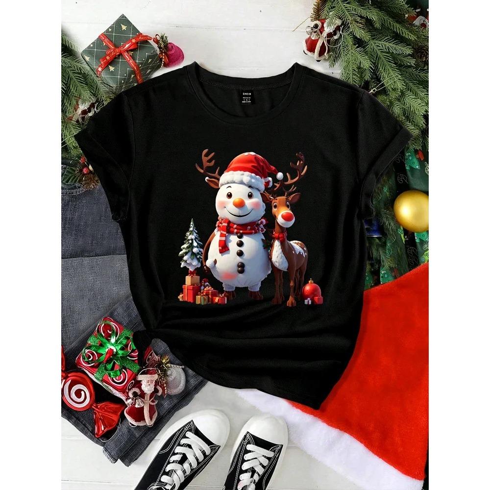 Christmas Women Casual T Shirt Cartoon Snowman Reindeer Christmas Tree Print Female Short Sleeve T-Shirt Suitable for All Season