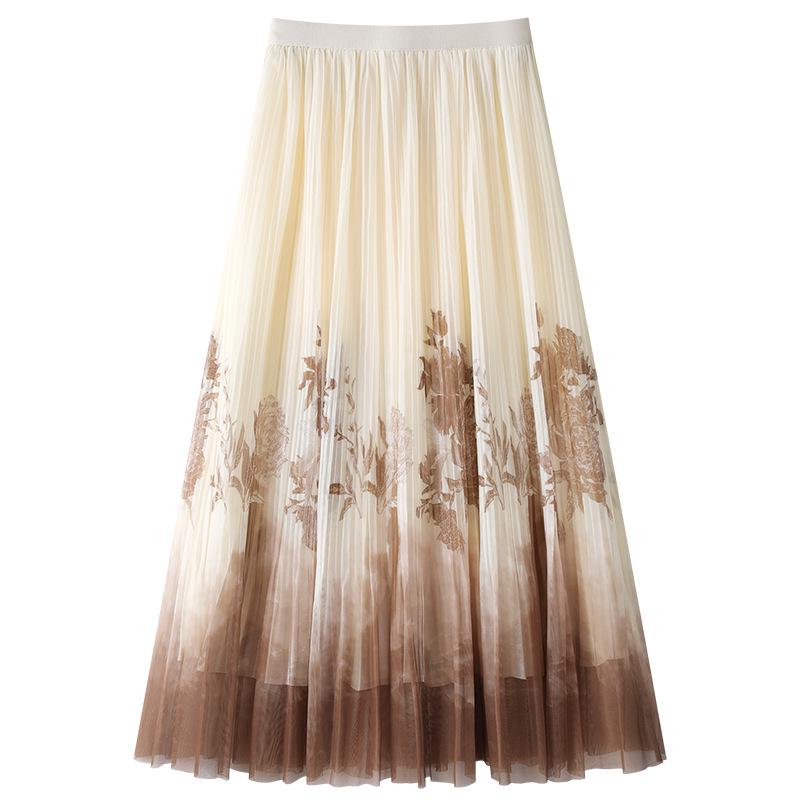 2025 New Ink Painting Midi Skirt for Women: Spring/Summer Slimming Pleated A-Line Umbrella Skirt