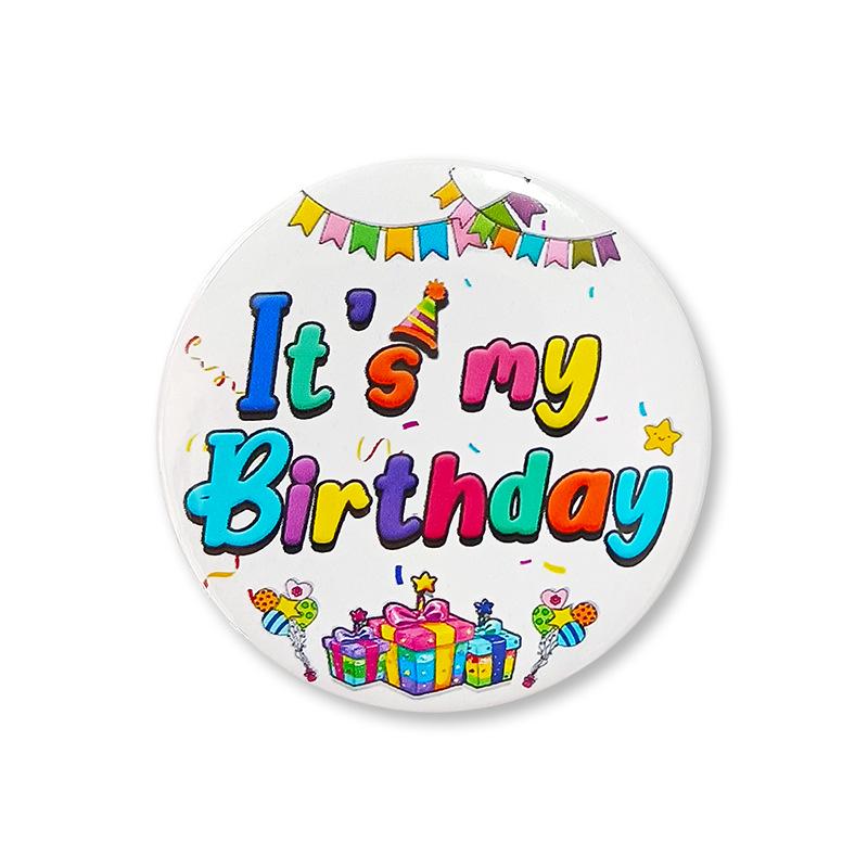 Birthday Theme Tinplate Brooch Badge – 58mm Party Decoration Prop