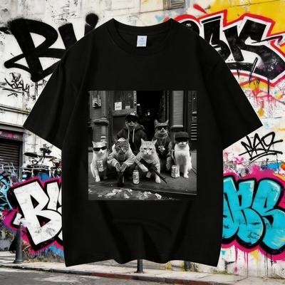 T-shirt Manches Courtes Vintage Hommes Femmes Graphique Meme Chat Gang Drôle Été 2025 Coton Haute Qualité T-shirts Oversize Y2k