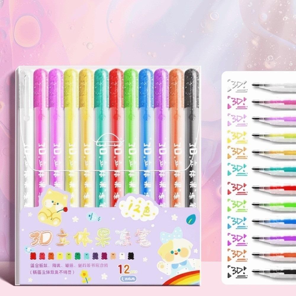 12pcs Set Fun Glitter Gel 3D Fluorescent Pen DIY Craft Art Supplies Jelly Drawing Pen Greeting Card Contour Pen Scrapbooking