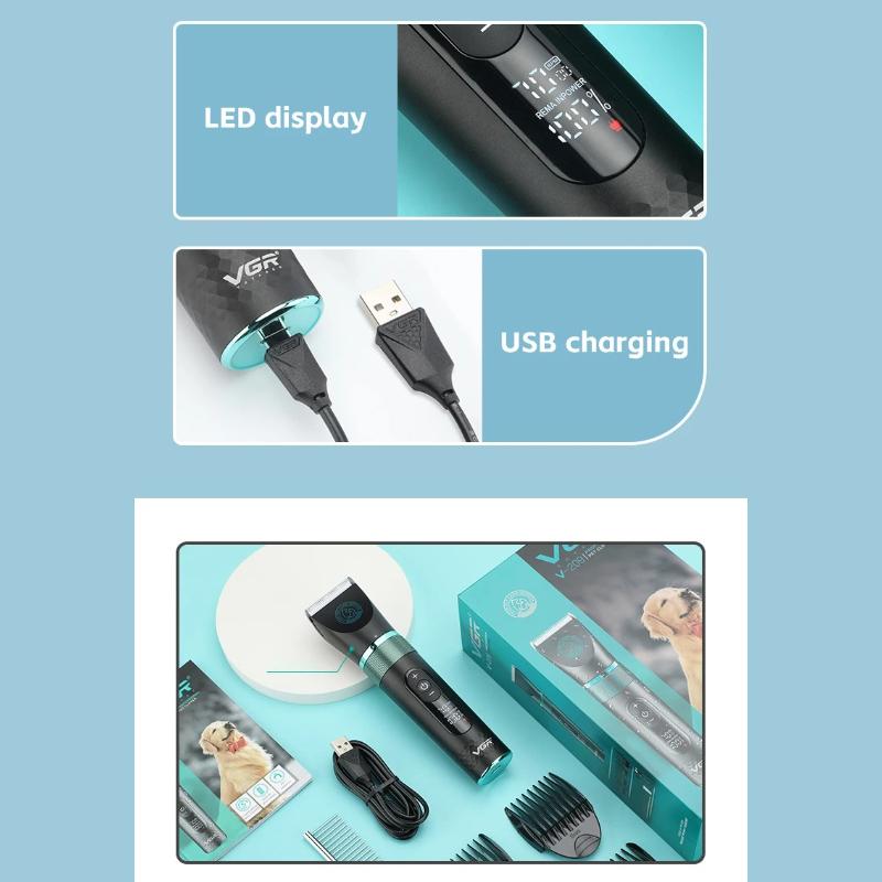 New VGR Professional Dog Shaver Electric Pet Hair Trimmer Household Metal Pet Hair Trimmer LED Digital Cat and Dog Hair Trimme IPX7 Waterproof V-209