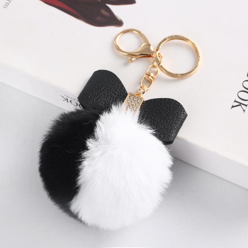 Faux Fur Pom Pom Keychain Women Girls Plush Ball Bag Backpack Pendant Creative Rhinestone Pu Leather Bow Car Keyring GiftS