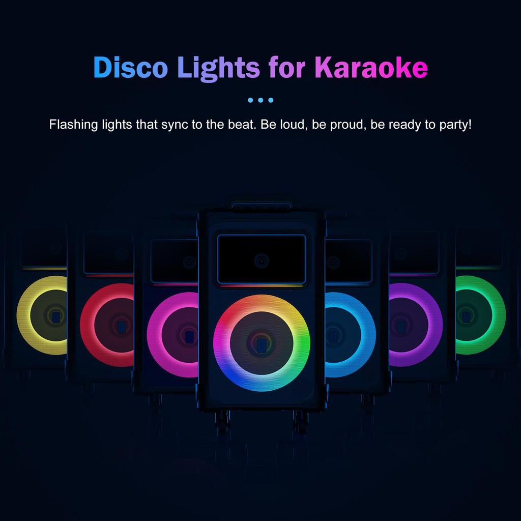 Karaoke Machine with 2 Wireless Mics,10" Woofer 500W Peak Power Big Portable Bluetooth Speaker with Bass/Treble Adjustment,Rolling Wheels and Trolley