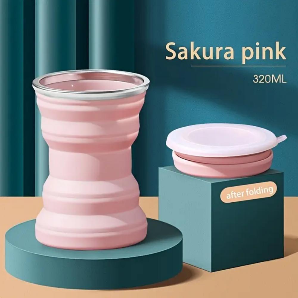 

Portable Folding Silicone Water Cup, 320ml Outdoor Heat Resistant Foldable Mug with Lid Collapsible Travel Drinking Cups, Coffee розовый