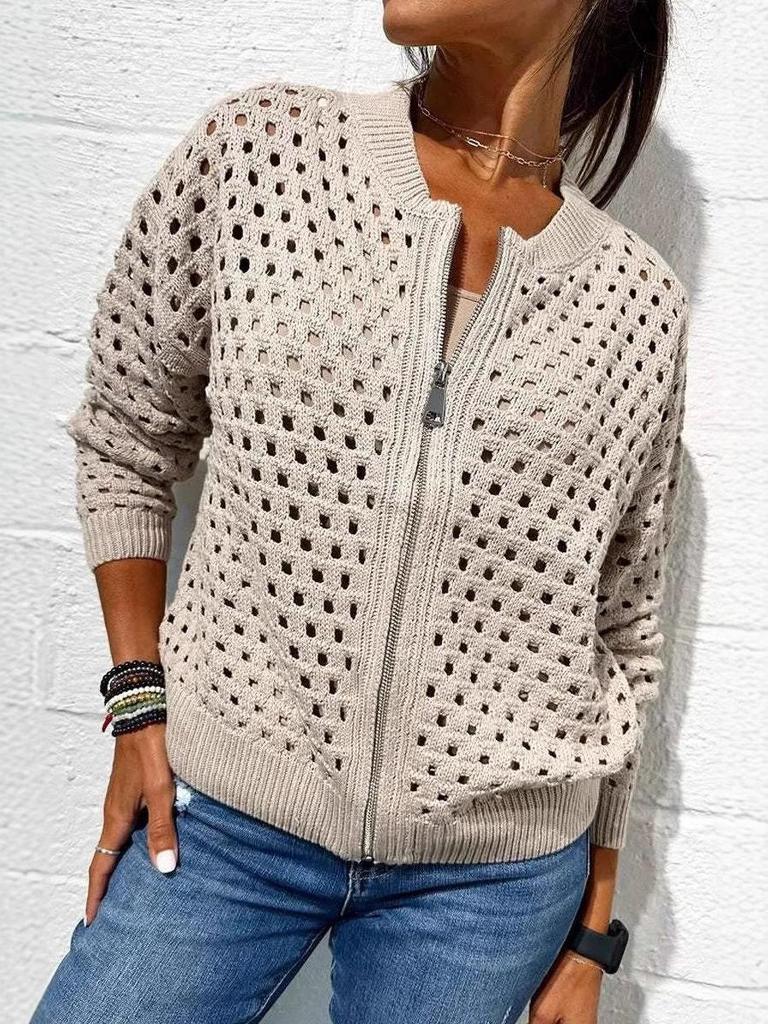 2025 Women's Casual Hollow Knit Zipper Jacket - European and American Style