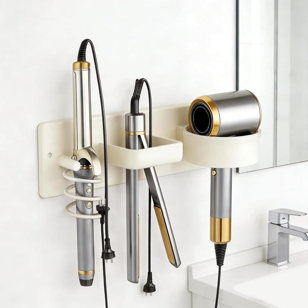 Hair Dryer Holder Wall Mounted Curling Iron Holder Flat Iron Blow Dryer Holder 3 In 1 Hair Tool Organizer Rack for Bathroom (Black-A)