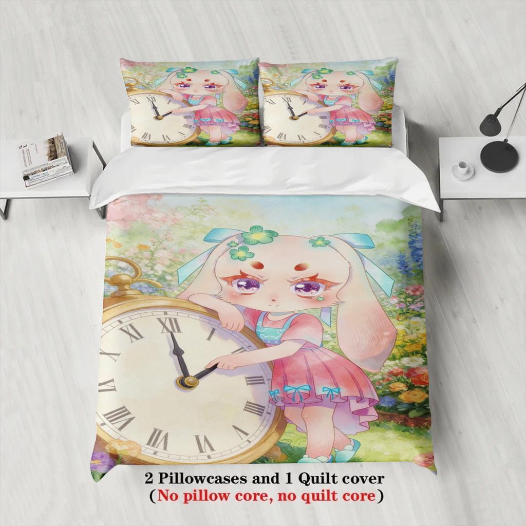 Softville Cozy Town 3PCS Bedding Sets Lop Rabbit Twist the Dial Pinted Duvet Cover No Filling Cartoon Style Queen King Size