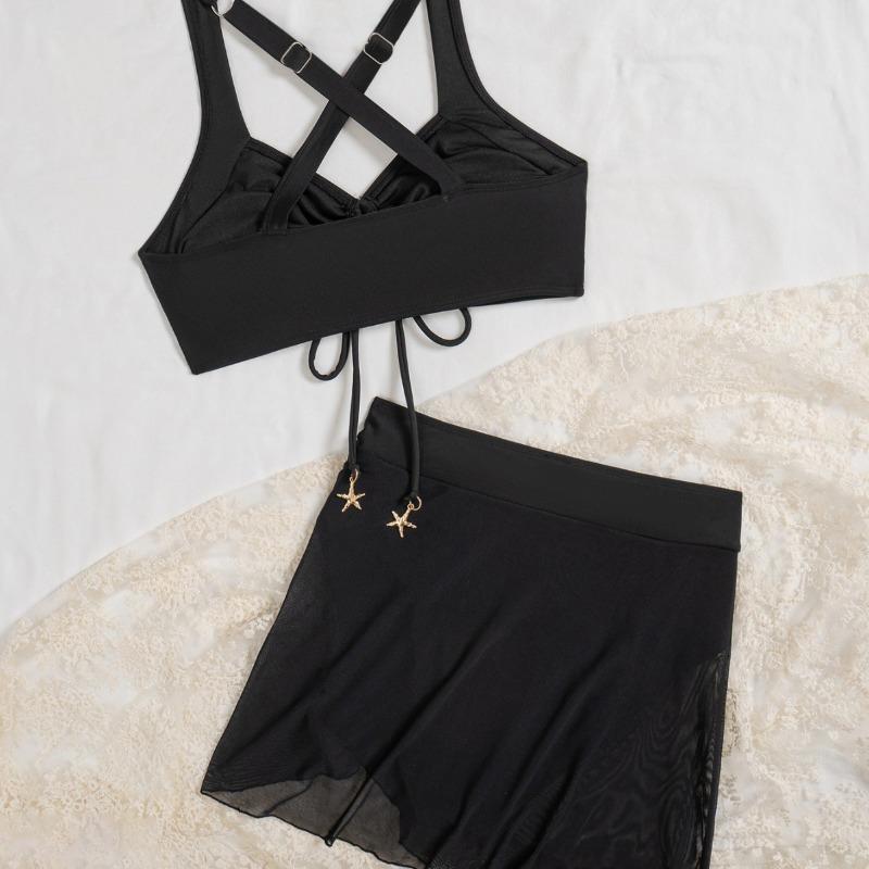 Elegant Black Starfish Decor Ruched Drawstring Two Piece Skirted Bikini Set Swimsuit for Women Beach Pool Vacation