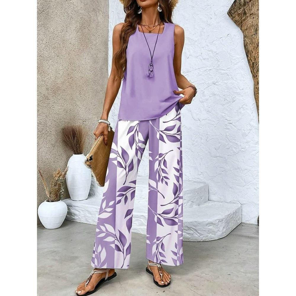 Women Fashion Casual Square Neck Pullover Vest and Long Pants Set, Digital Printed Two Piece Outfit, Daily Trendy Matching Suit