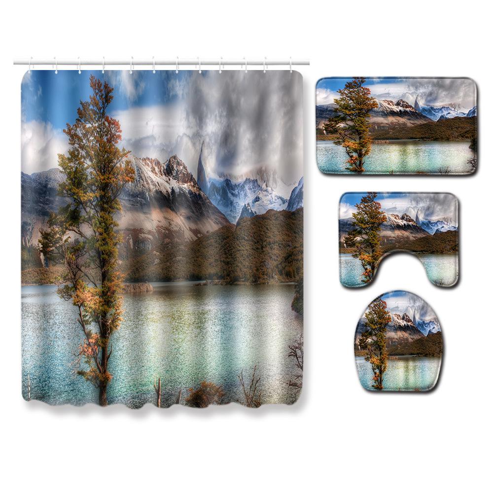 Landscape Shower Curtain Floor Mat Combination Four-Piece Set Bathroom Toilet Carpet Shower Room Mat Foot Mat