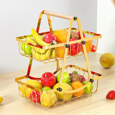 Removable Double Layer Fruit Basket With Wooden Handle Stylish Iron Storage Basket For Kitchen And Living Room Organization