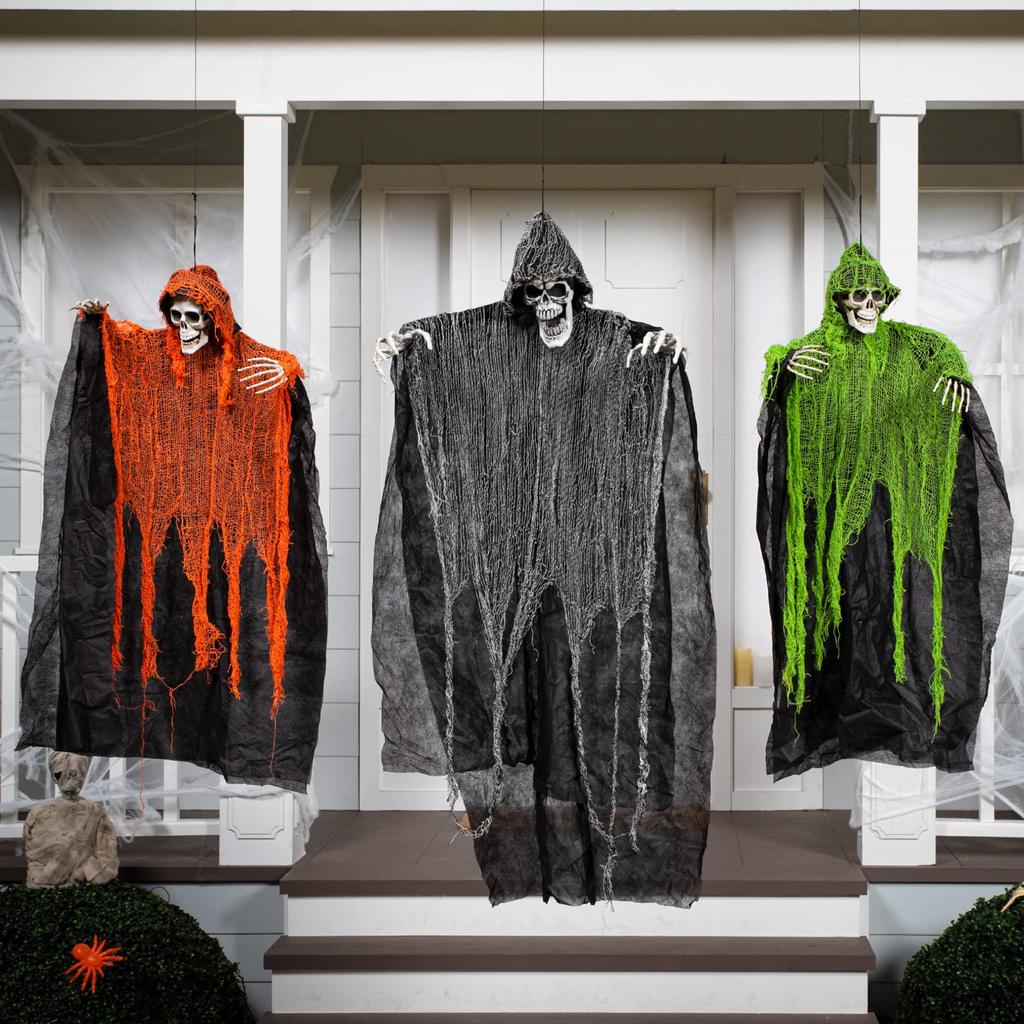 Joyfy 3 Pack Halloween Hanging Ghosts Scary Skeleton Ghosts Grim Reapers for Halloween Indoor Outdoor Yard Decorations