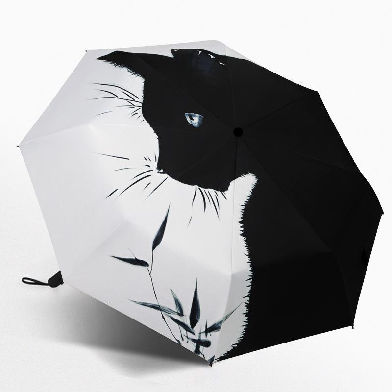 Large Automatic Three-Fold Umbrella: Kitten Design, Black Glue, for Sun and Rain