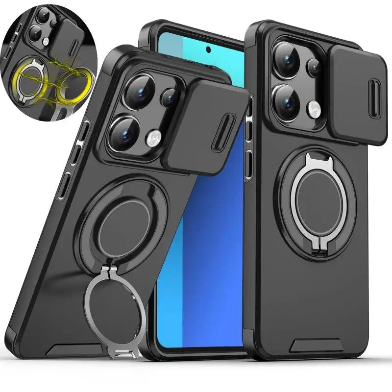 Case for Redmi Note 13 Pro Plus 5G 4G Slide Camera Lens Magnetic Ring Stand Protect Armor Shockproof Cover for Xiaomi 14T Pro 5G