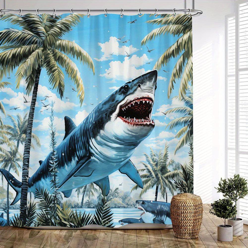 1 Stück Haiangriff Duschvorhang - Tropische Palme & Weißer Hai Design, Blaue Himmels- & Ruhige See Szene, 180X180CM