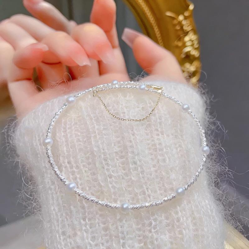 S925 Sterling Silver Crushed Pearl Spring Bracelet with Carved Flower Round Bead for Women 925 Sterling Silver
