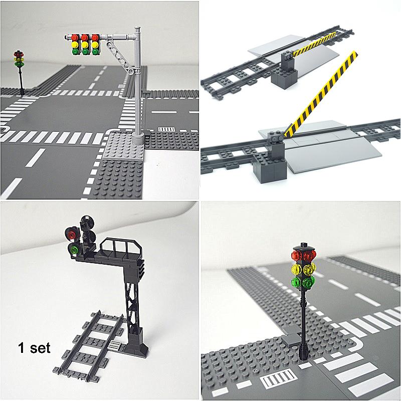 Bricks City mini signs signal lamps Model Train Track Rail Traffic Boom Barrier Gate Road traffic lights Building Block for kids