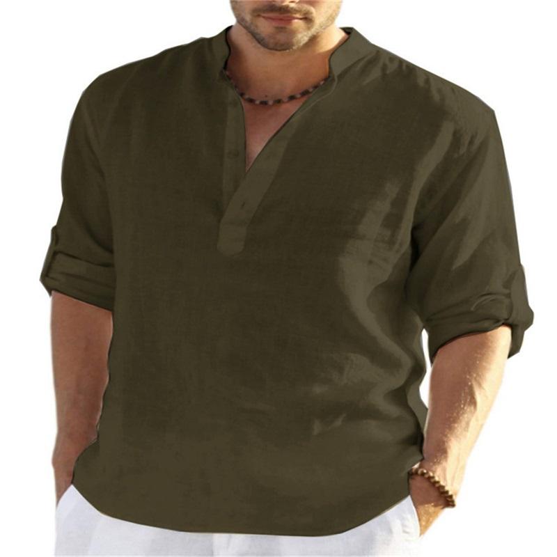 Men's Casual Cotton And Linen Solid Color Long-sleeved Shirt Loose Stand-up Collar Shirt Men