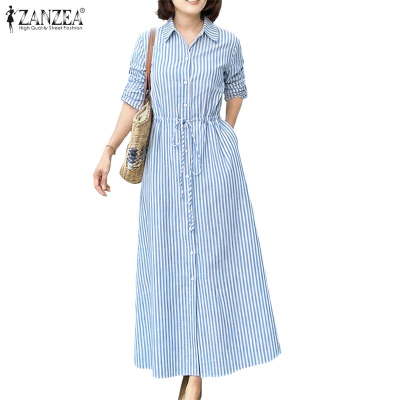ZANZEA Women Casual Turn Down Collar Long Sleeve Stripe Dress