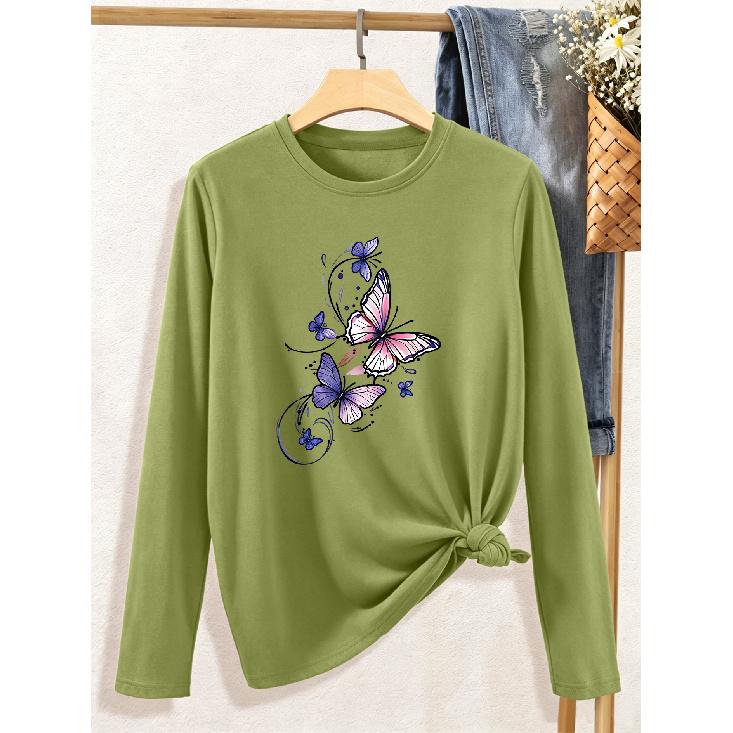 Women's elegant long sleeves Watercolor butterfly flocking art pattern printed round neck Comfortable, soft, and breathable new style Fashionable,