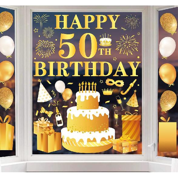 Whaline 6 Sheets Happy Birthday Window Clings Colorful Birthday Cake Balloon Banner Double-Sided Window Stickers for Boys Girls Anniversary Party