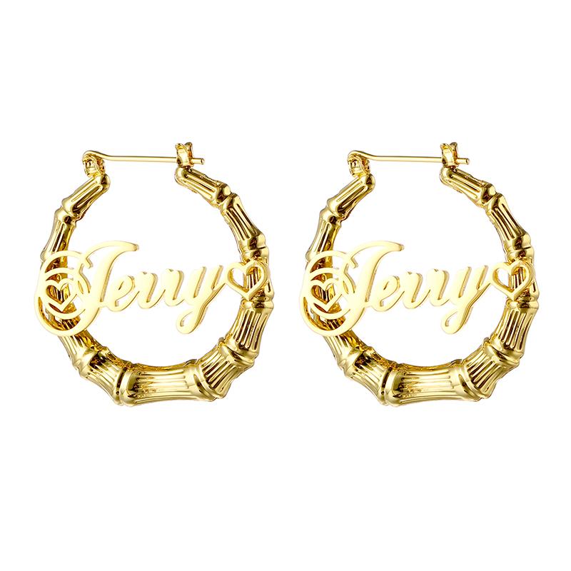 Fashion Earring Jeweley Stainless Steel 18K Gold Plated Bamboo Custom Letter Name Big Large Hoop Earrings for Women