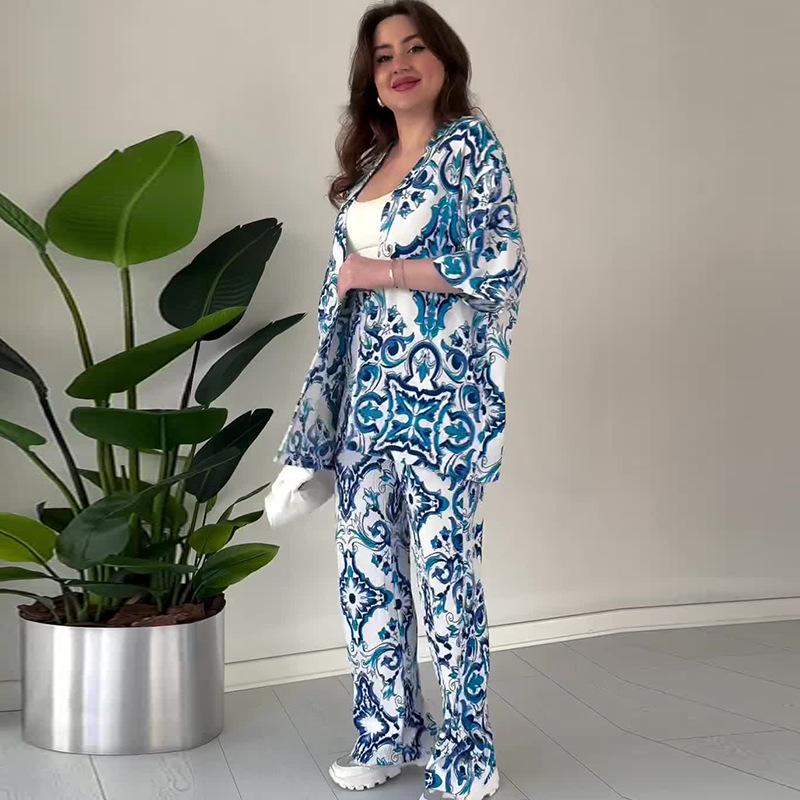 

Летний повседневный женский модный комплект с принтом и широкими брюками - Европейский и американский стиль Medium синий