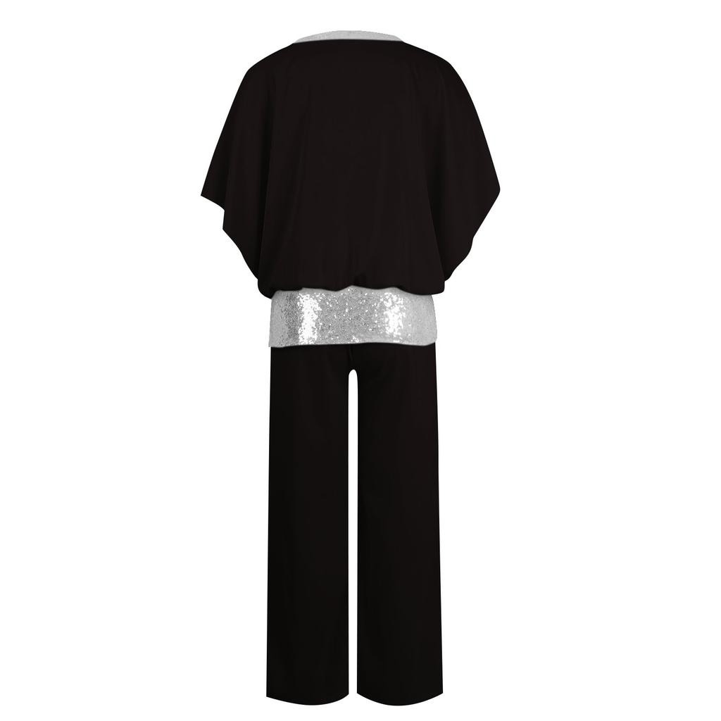 Women's Fashion Color Round Neck Sequin Patchwork Short Sleeve Top Wide Leg Pants Set
