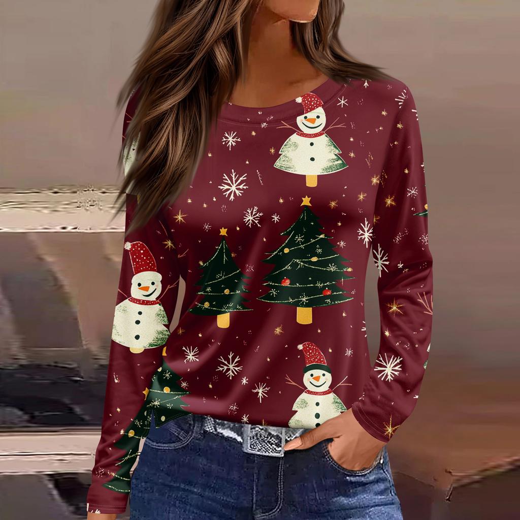 Damska Moda Casual Rozcięcie na Dole Okrągły Dekolt Długi Rękaw Luźna Koszulka z Nadrukiem Świątecznym Damski Top