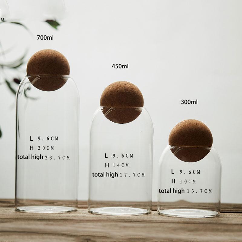 Hand-Blown Lead-Free High Borosilicate Glass Round Flower Tea Storage Transparent Container Glass Jars with Cork Stopper Lids