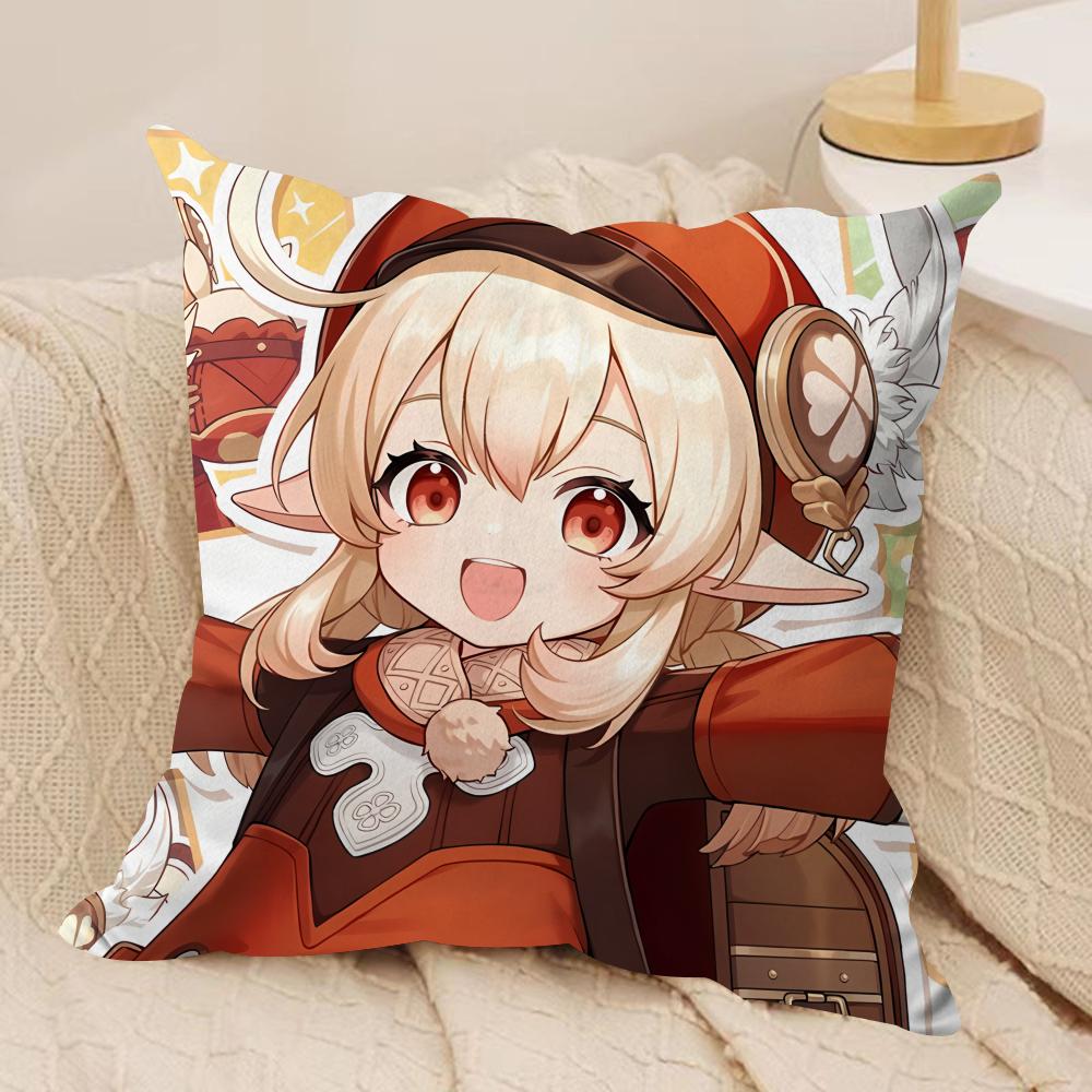 Klee Cute Genshin Impact Cushion Cover Silky Short Plush Invisible Zipper Dustproof Sofa Pillow Case For Home Decor