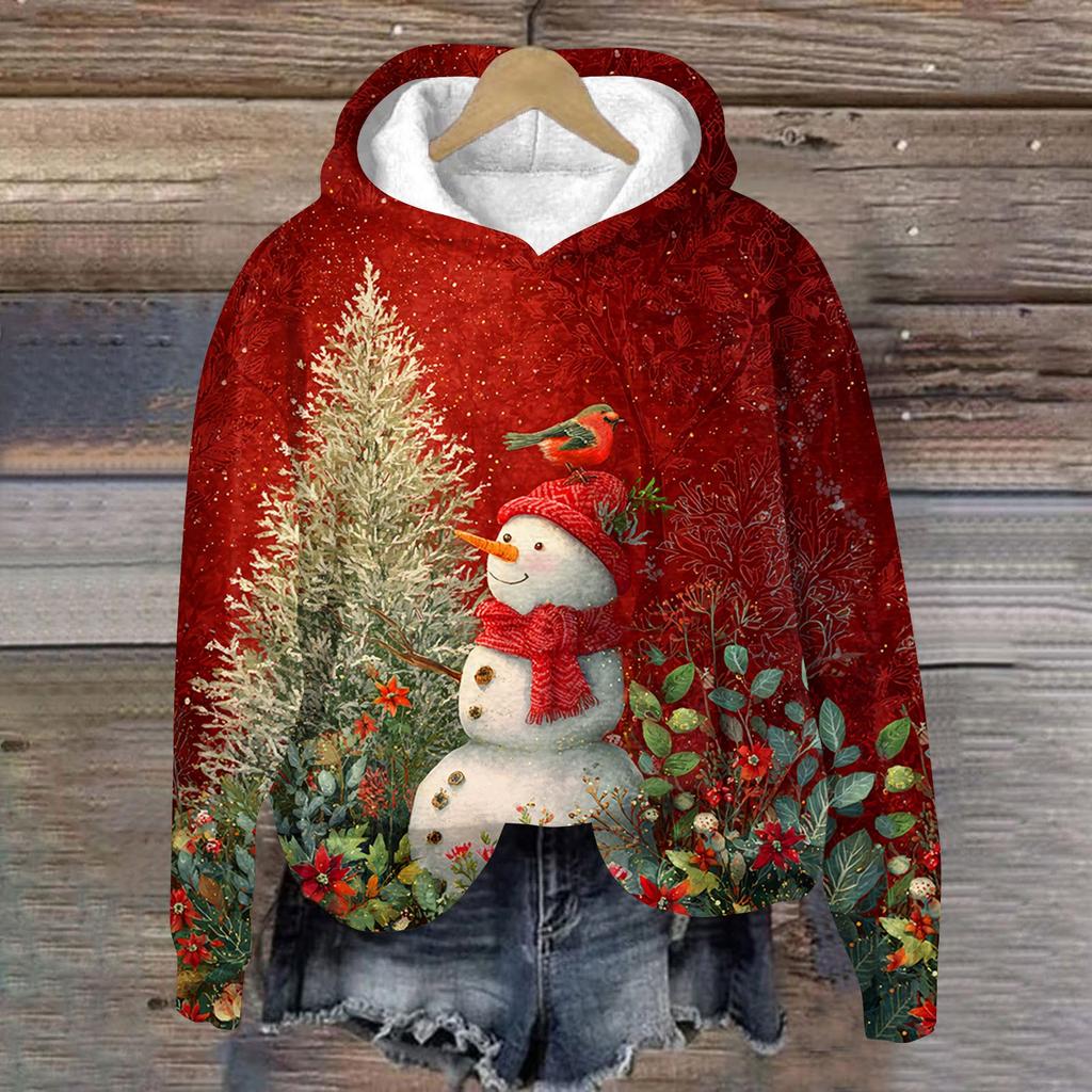 Women's Fashion Long Sleeve Christmas Print Loose Hooded Sweatshirt Top