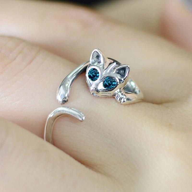 pieza anillo de color plata gatito lindo gato animal cristal