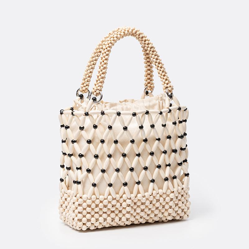 European American Style Handmade Woven Hollow Out Beaded Bag, Women Wooden Bead Tote Bag, Beach Vacation Crossbody Shoulder Bag