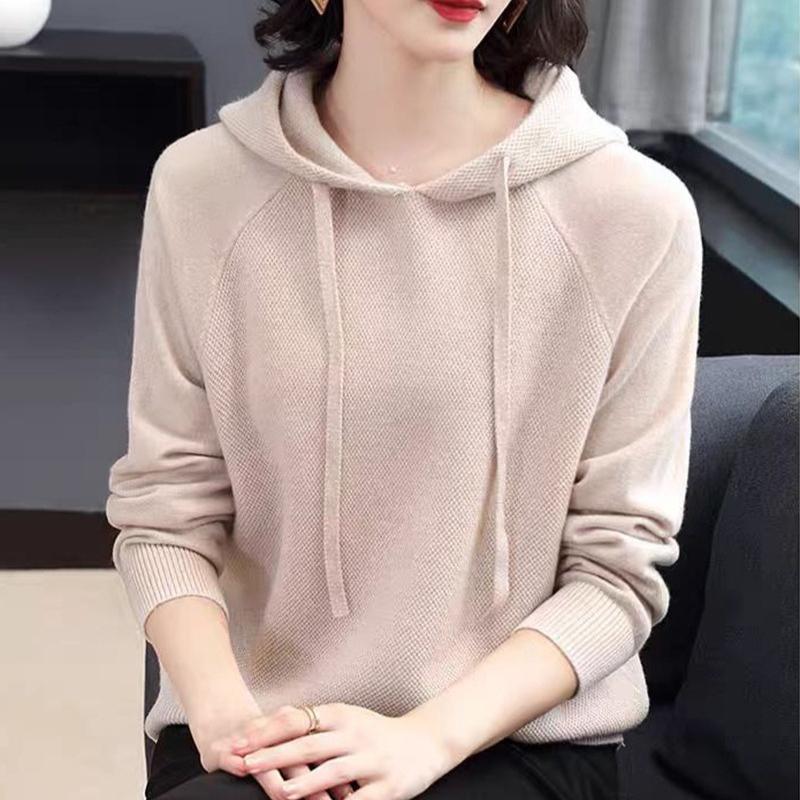 Hooded Drawstring Knitted Sweatshirt for Women Solid Color Loose Sweater Long-sleeved Pullover for Autumn and Winter Women's Sweater Coat