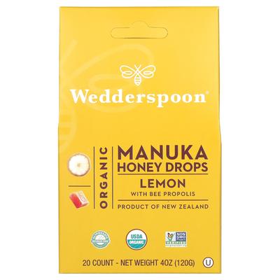 Organiczne krople miodu Manuka, cytrynowe z propolisem, 20 sztuk, 120 g (4 uncje)