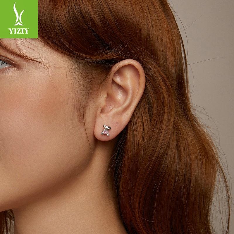 Rosa Liebe Zirkon Bär Mini Ohrstecker, Niedliche Heilung S925 Sterlingsilber Ohrstecker.