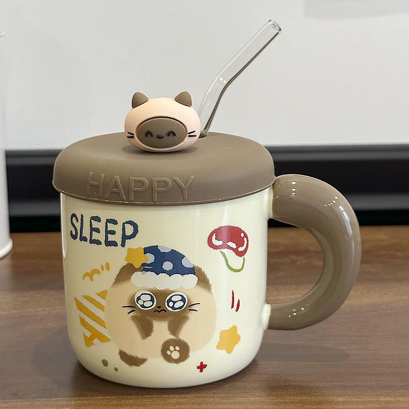 

Милая керамическая кружка с крышкой в виде сиамской кошки, красивая чашка для питья воды для девочек, парная керамическая кофейная чашка, подарок на день рождения 420ML