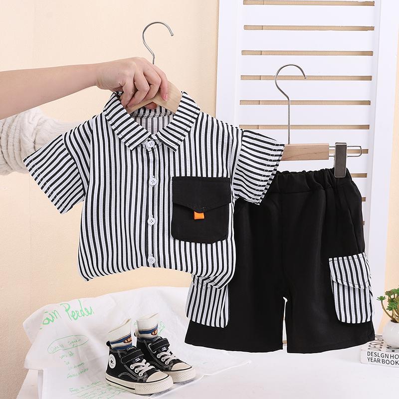 

Детский комплект, летняя детская повседневная рубашка в вертикальную полоску, красивые тонкие шорты с короткими рукавами, комплект из двух предметов XXL чёрный