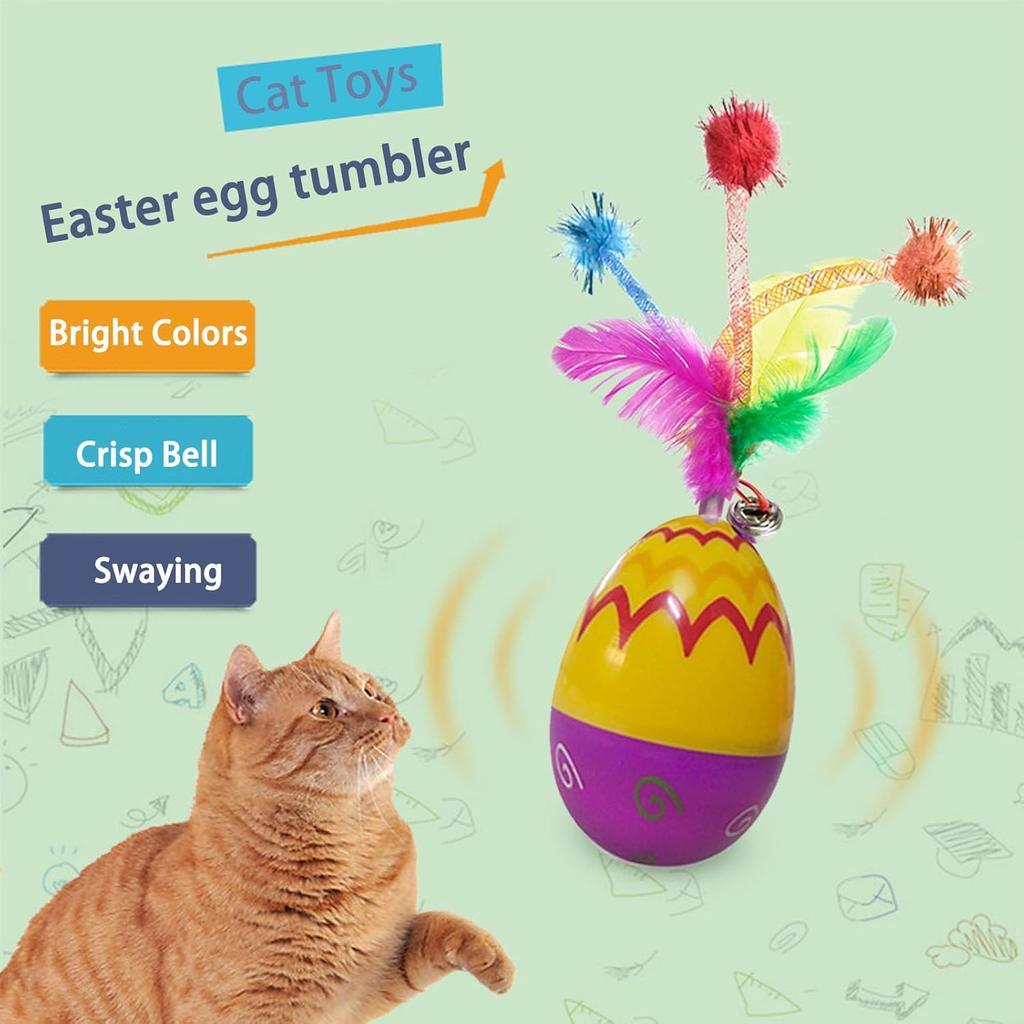 Kitten Self-Play Roly-Poly Easter Egg Cat Toy, Interactive Tumbler with Feather & Bell, Fun Egg-Shaped for Indoor Kittens, Engaging Feather Bell Toys