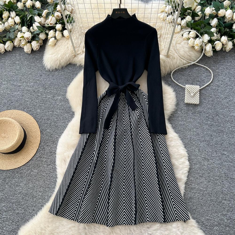 

Осінньо-зимовий жіночий повсякденний светр з повним рукавом у смужку, в язаний пуловер, сукні на шнурівці One Size чорний